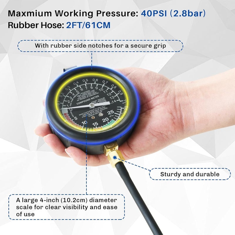 weyleity Fuel Pump and Vacuum Tester Gauge | Vacuum and Fuel Pump Tester Gauge Kit Carburetor Pressure Fuel Pressure Tester Kit Automotive Vacuum Gauge (Red) - Image 5